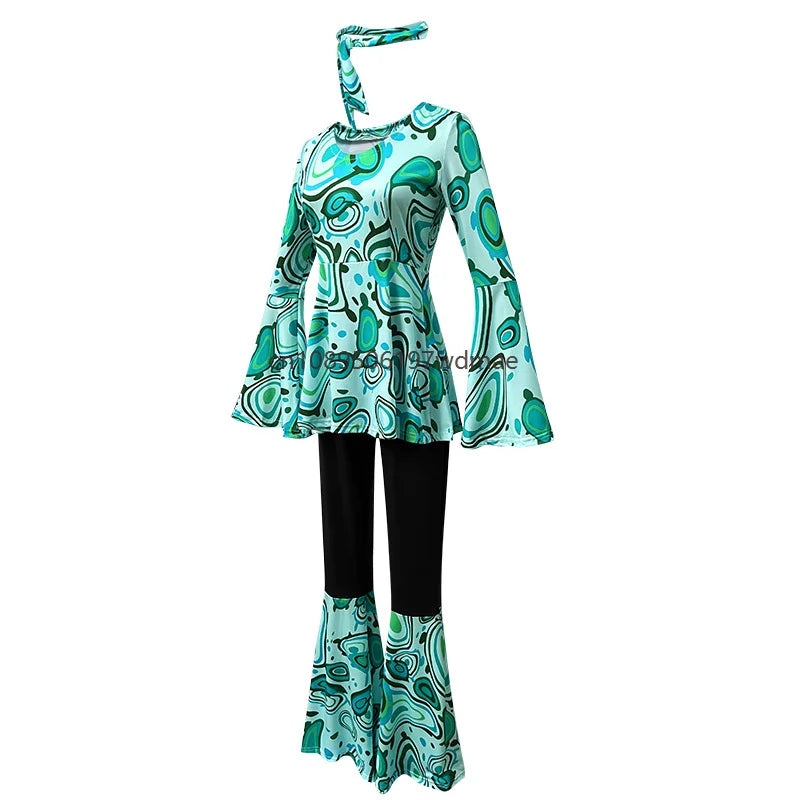 Women's Disco Multi-color Print Costume Hippie Cosplay Performance Clothes with Headband Set Female Dance - product image 15