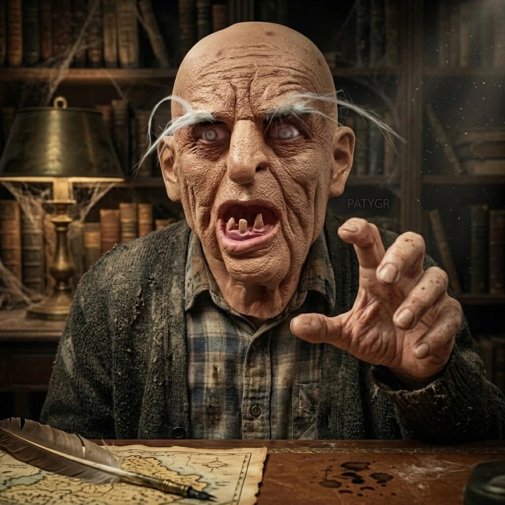 Realistic Horror Old Man Mask Latex Wrinkled Face with Crooked Teeth & White Eyebrows - Horror Mask