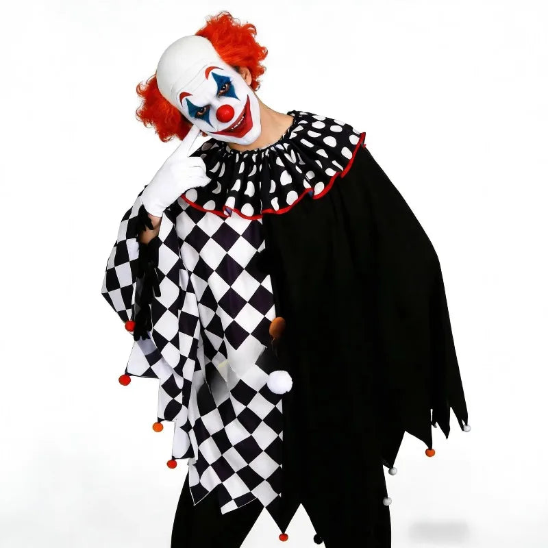 Black & White Pierrot Clown Costume – Ruffled Cape & Accessories