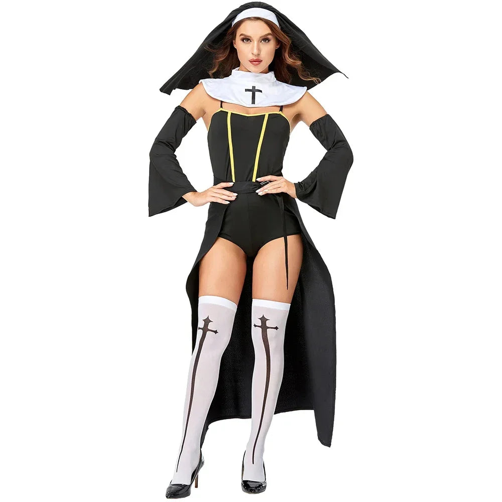 2026 Women Church Religious Sister Bad Habit Sexy Nun Costume  Adult Halloween Party Cosplay Uniform Fancy Black Dress