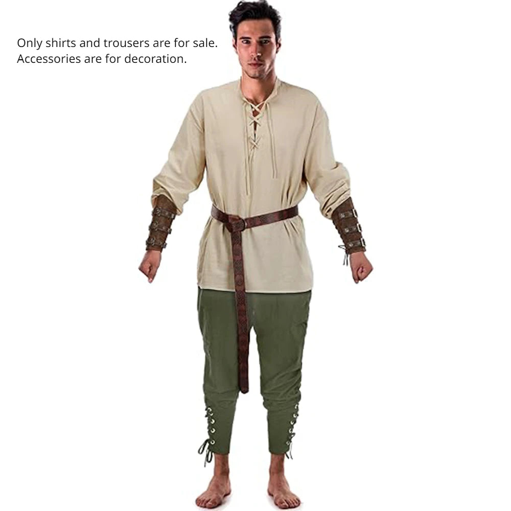 2Pcs Men's Medieval Knight Costume Set Renaissance Costume Pirate Shirts Ankle