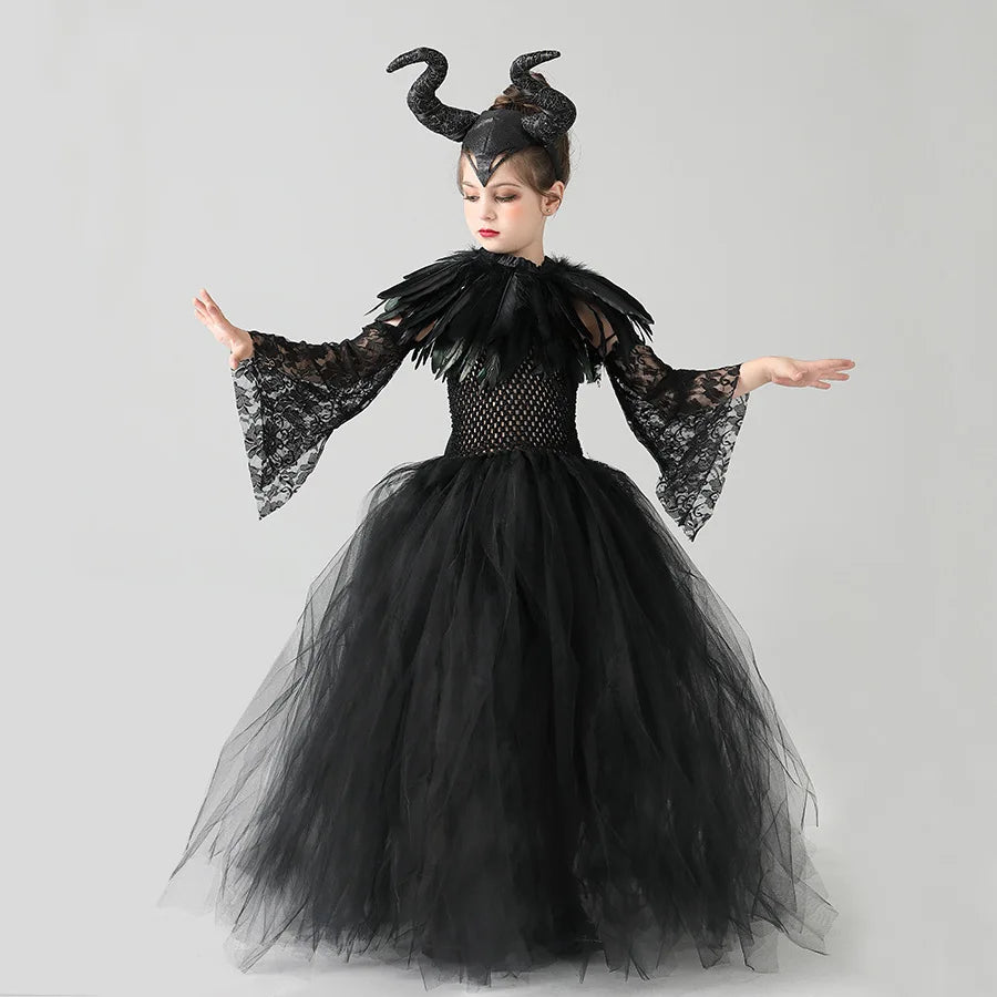 Kids' Horned Dark Fairy Queen Horned Dark Fairy Queen Evil Queen Witch Devil Black Tulle Halloween Costume - 4 pcs Set C / 8-9Y