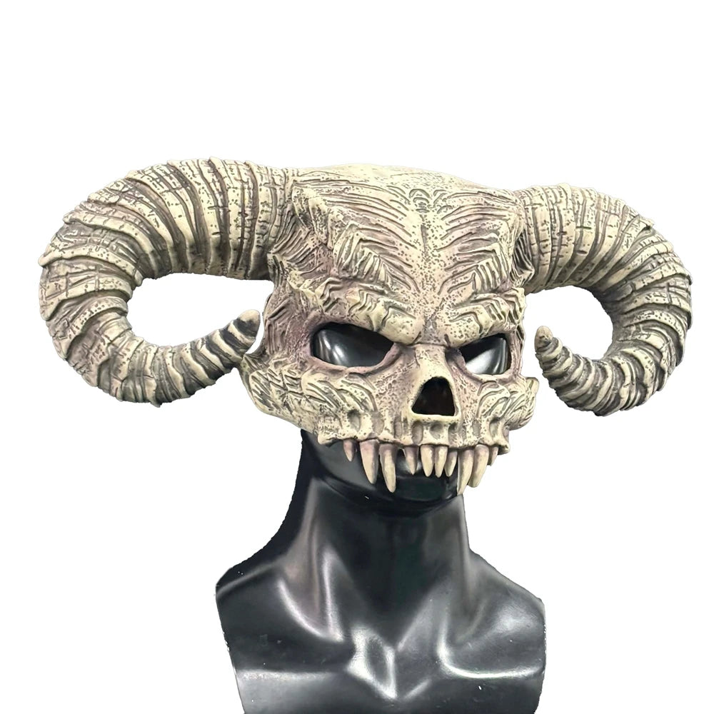 Realistic Satan's Bull Horn Latex Mask Horror Ox Horn Demon Hood MasqueradeHalloween