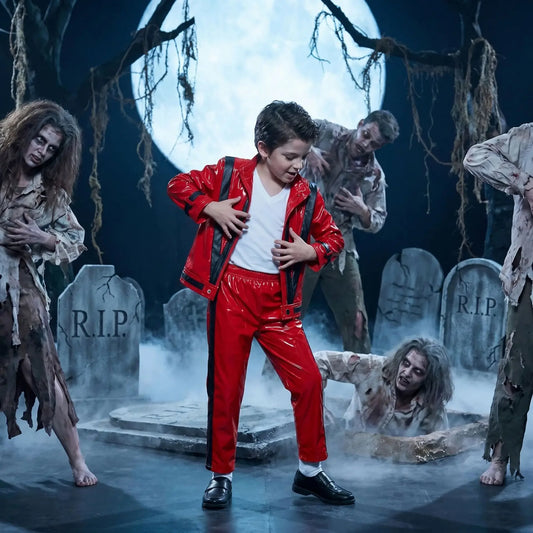 2026  MJ Michael Jackson Thriller Kids Costume  Red   Black Leather Jacket Pants Boys Halloween Stage Cosplay Outfit