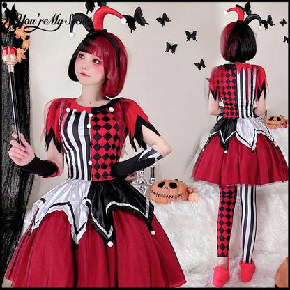 Halloween Clown Lolita Suit Women's Clown Costume Patchwork Striped Dress with Headgear - Suit 01 / M