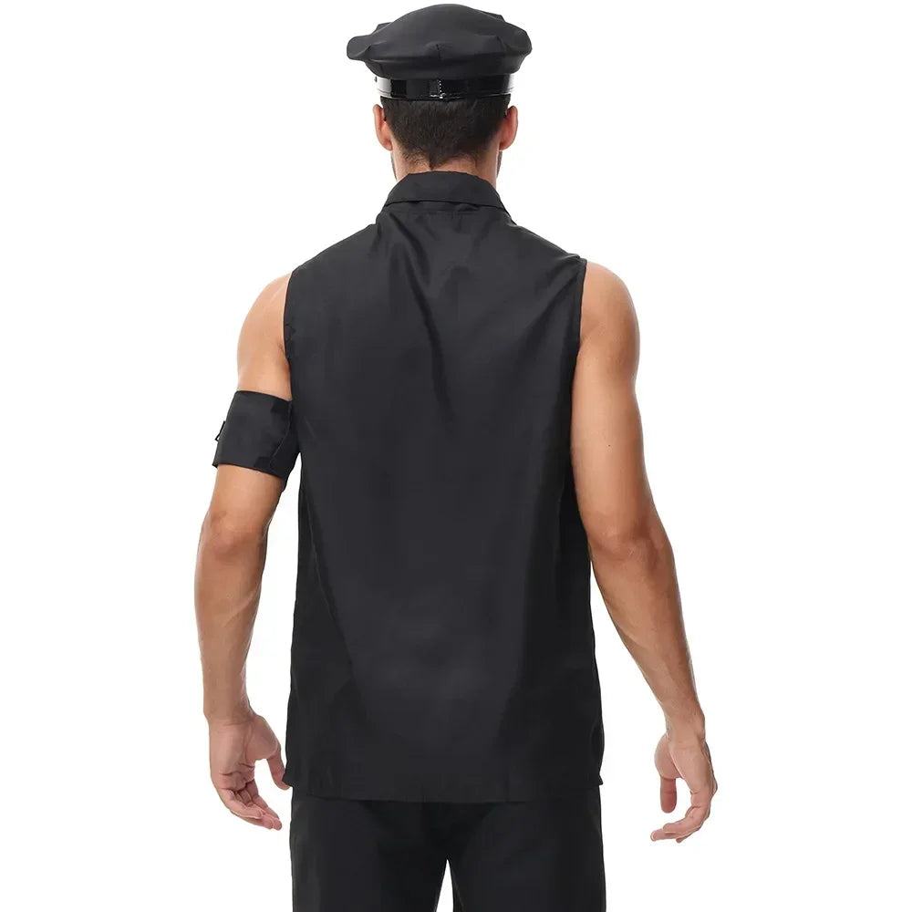 Adult Man America U.S Police Costume Top Shirt Men Cop Costume Halloween Set - black / M(height 68.9–72.8 in (175–185 cm))
