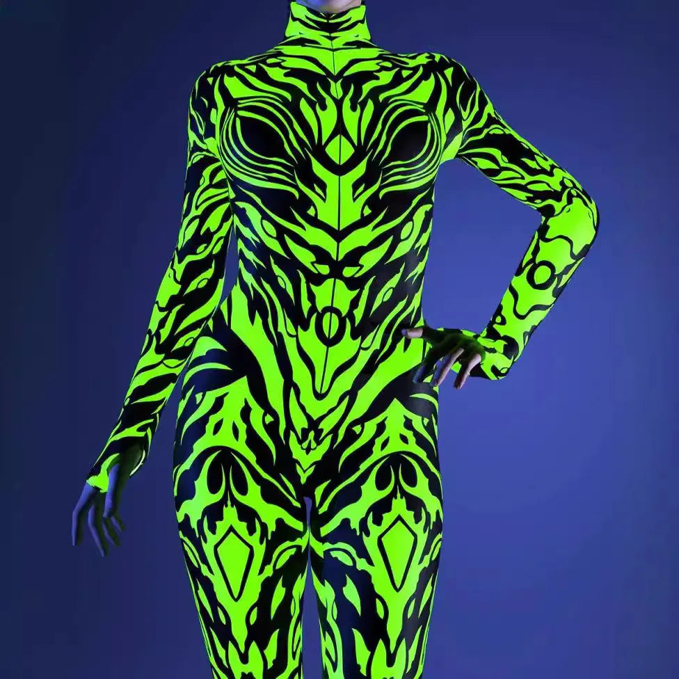 Women's 3D Abstract Print Full Body Jumpsuit Sexy Skinny High Neck Zentai Costume - alternate view 4