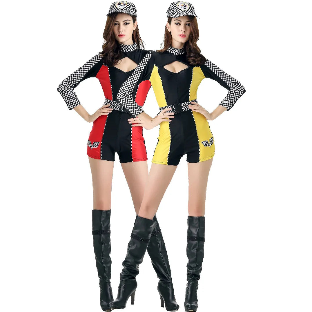Women's Racing Driver Costume Set - Long Sleeve Zip Front Jumpsuit with Hat & Belt