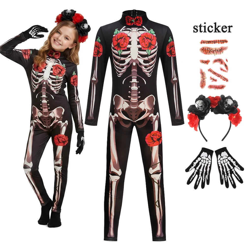Girls Halloween Cosplay Ghost Bride Gothic Jumpsuit Rose Skeleton Scary - product image 1