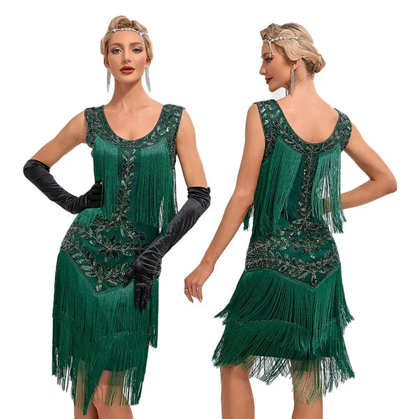 Round Neck Sequin Beaded Tassel Tank Top Large Dress 4-Colors 1920S