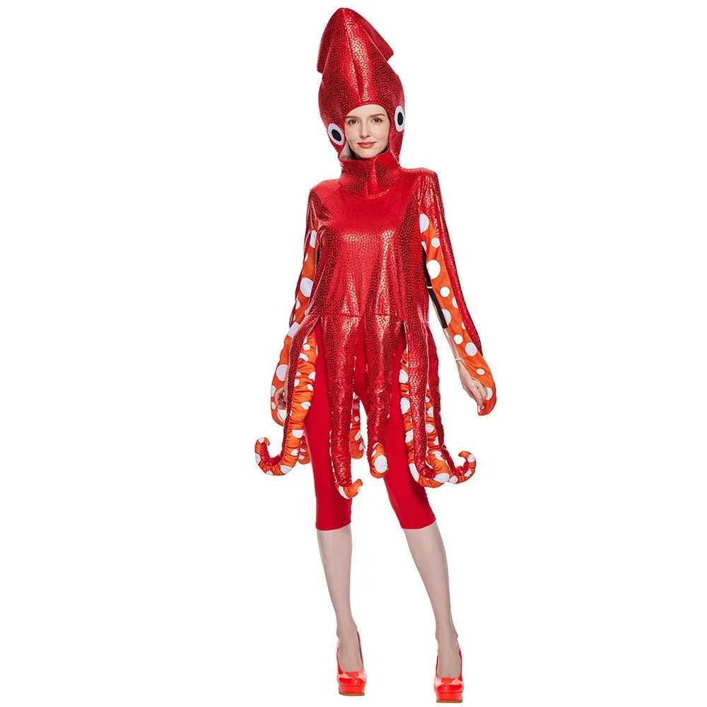 Halloween adult squid costume, ocean creature party jumpsuit, funny cosplay clothes