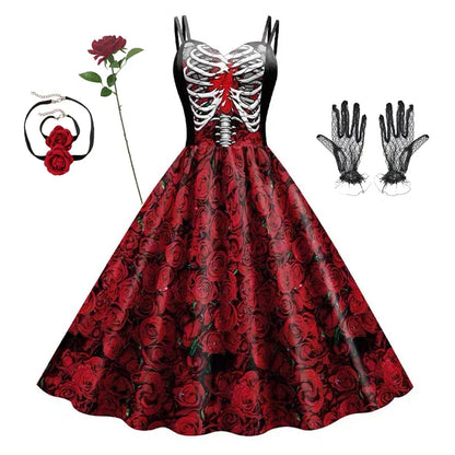 Women's New for Skull Print Halter Dress Sleeveless Tunic Vintage Dresses Costume - alternate view 7