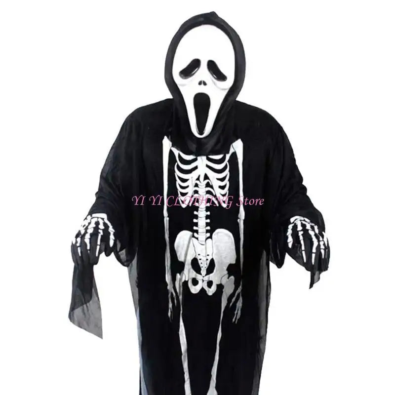 Halloween Skull Skeleton Costume Scary Ghost Robe with Front Bone Print for Kids Adult - View 5