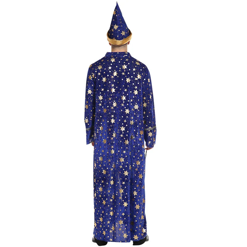 [Halloween Costume for Men and Women] Adult Wizard Cosplay Magician Performance Costume Blue Starry Robe +