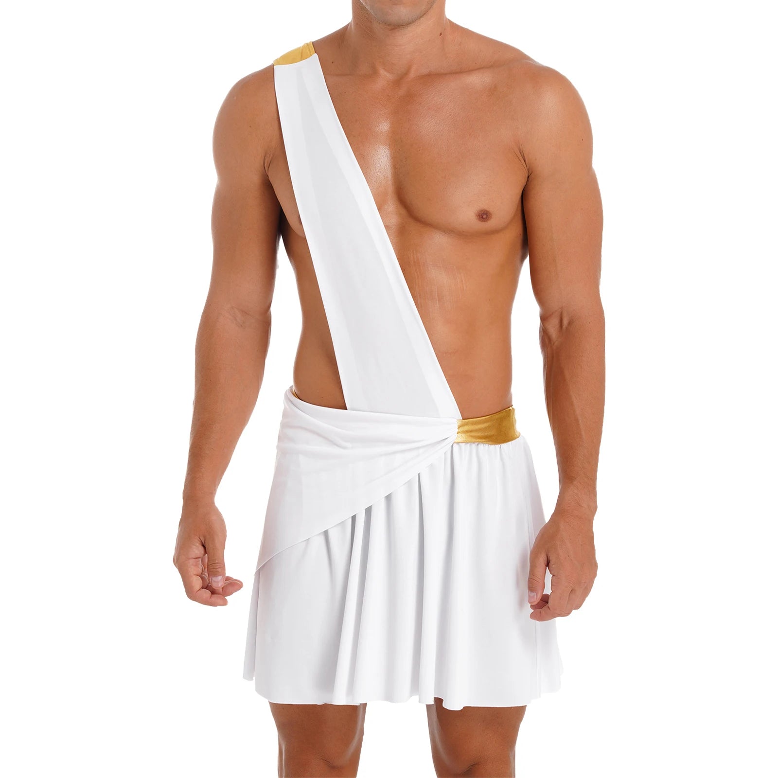 Men's Ancient Greek God Halloween Costume One Shoulder Strap Skirts Knight Warrior - Blue B / XL