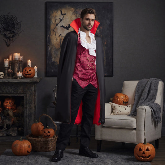 Men's Men Vampire Long Sleeve Shirts with Attached Vests and Cloak Set for Costume