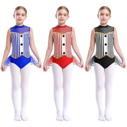 Kids Girl Halloween Circus Clown Costume Shiny Striped Tutu Leotard Ballet Gymnastics - Royal Blue / 14