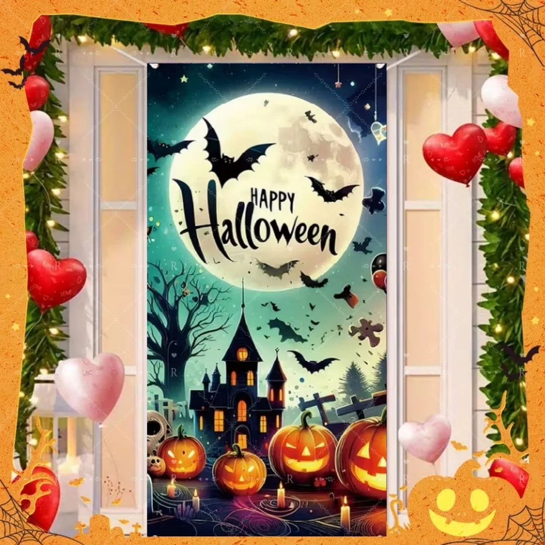Happy Halloween Decor Door Cover Banner Horror Night Castle Bat Ghost Pumpkin - product image 20