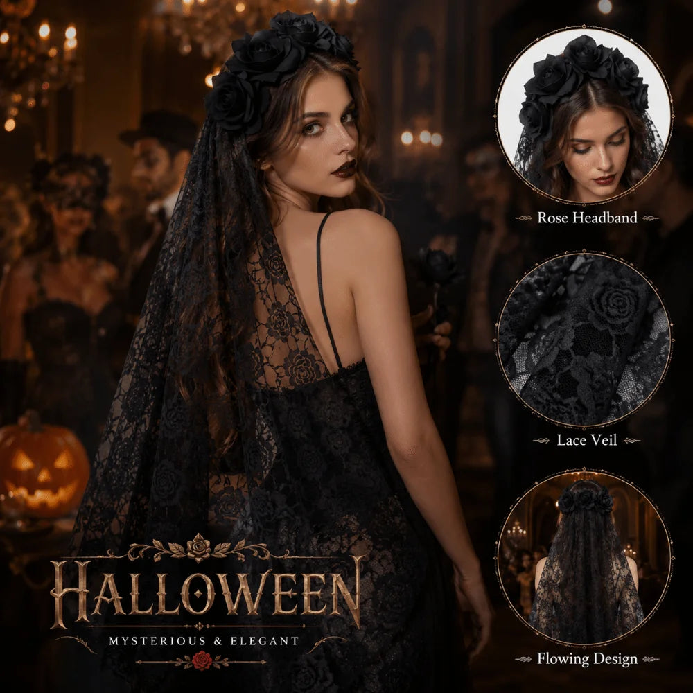 Gothic Ghost Bride Headband Simulation Rose Skull Pattern Halloween Rose - product image 1