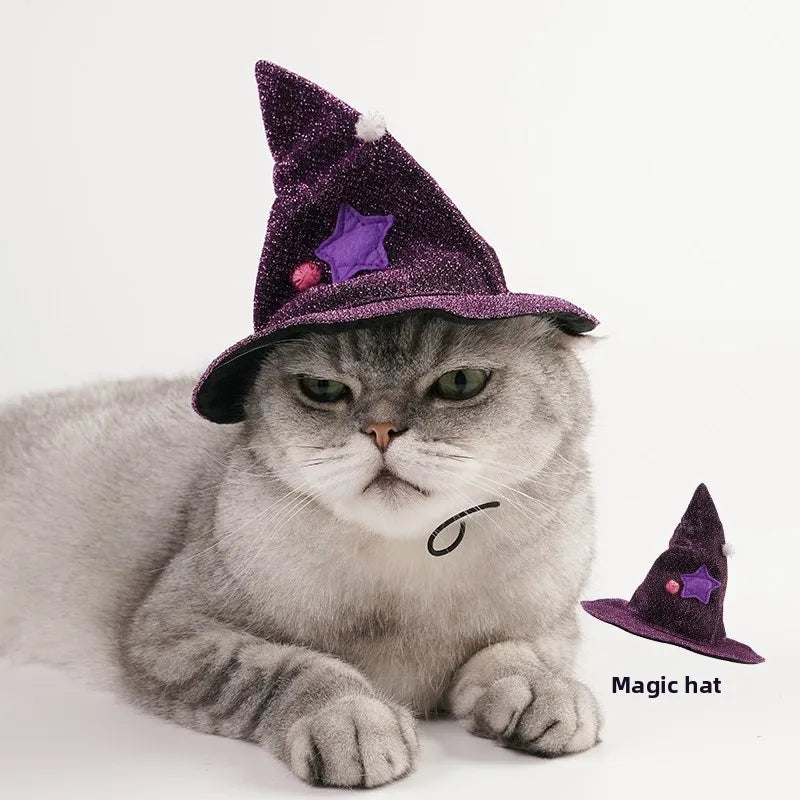 Funny Star Cat Dog Witch Cloak Set with Soft Purple Cloth and Matching Hat –