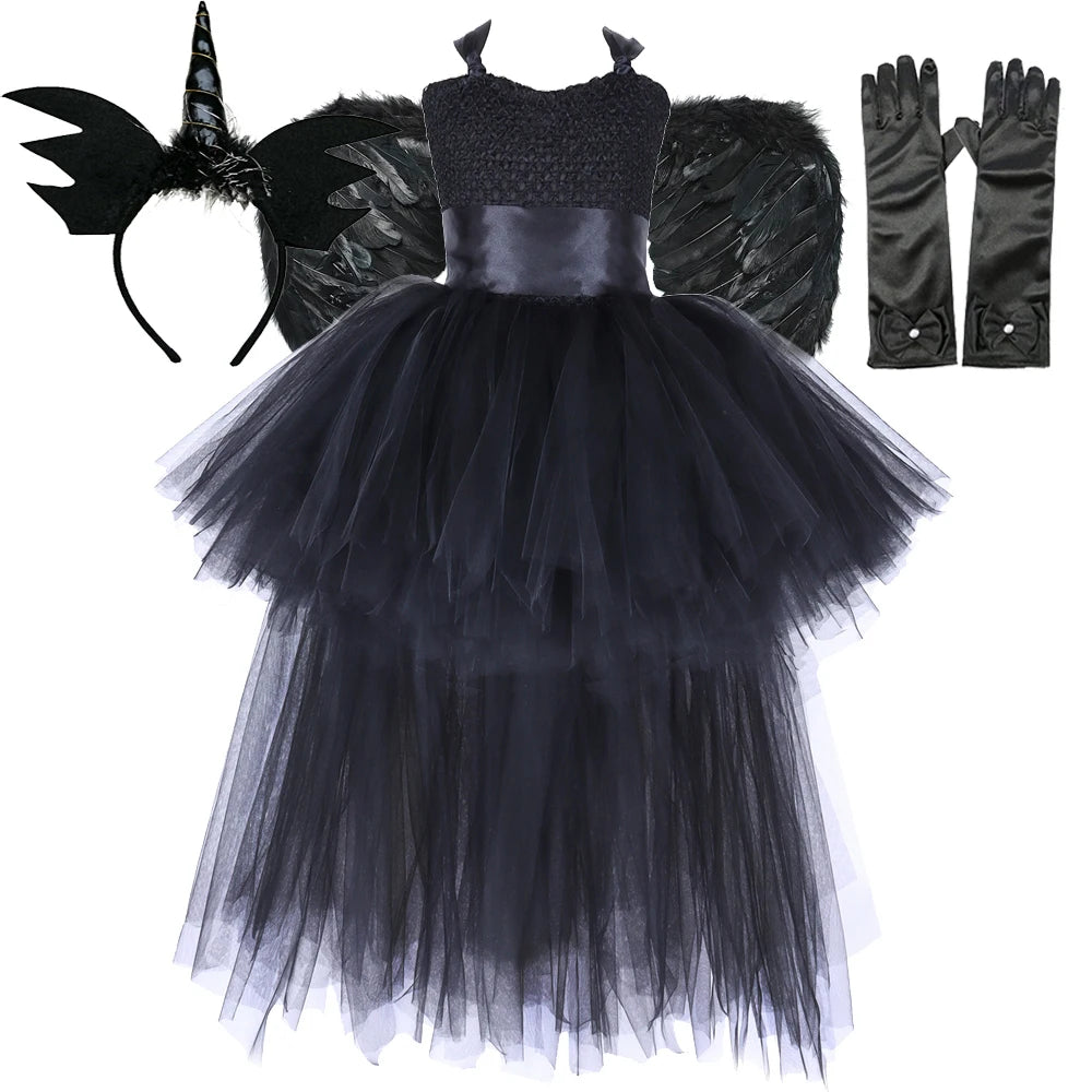 Kids' Dark Witch for Girls Black Devil Angel Fancy Trailing Dress with Costume