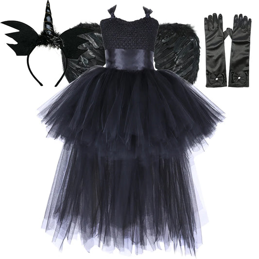 Kids' Dark Witch for Girls Black Devil Angel Fancy Trailing Dress with Costume
