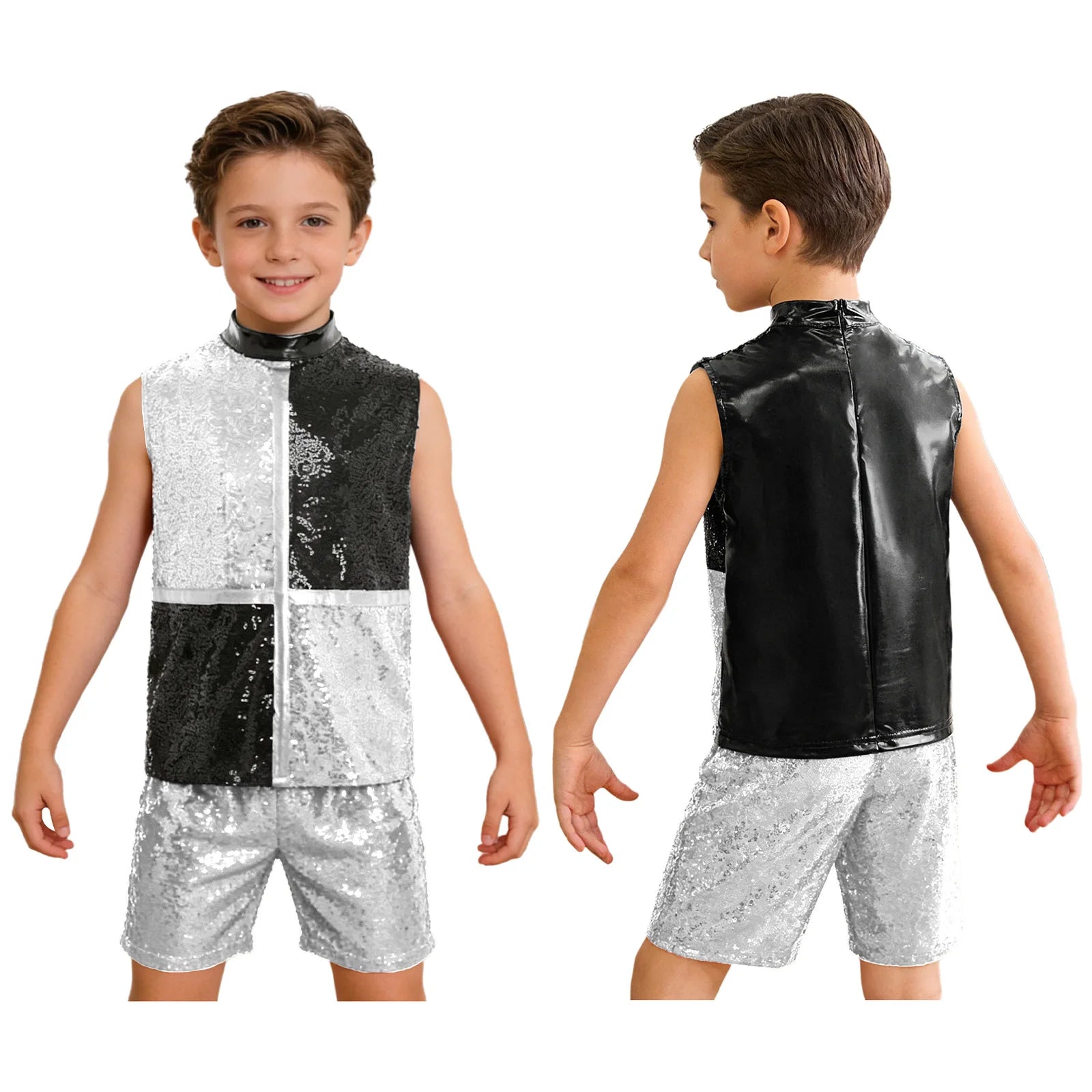 Kids Boys Hip Hop Dance Outfit Sequins Dance Top and Shorts Set Halloween Clown Costume - Red / 16