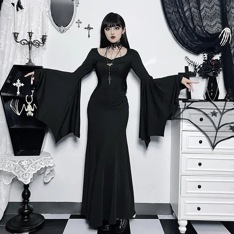Halloween Costume Women Batwing Sleeve Floor Dress Black Gothic Evil Terror Maxi Mistress Morticia Addam - product image 3