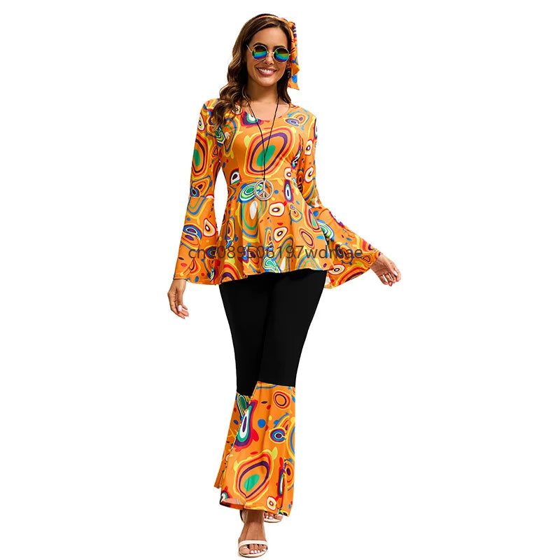 Women's Disco Multi-color Print Costume Hippie Cosplay Performance Clothes with Headband Set Female Dance - product image 5