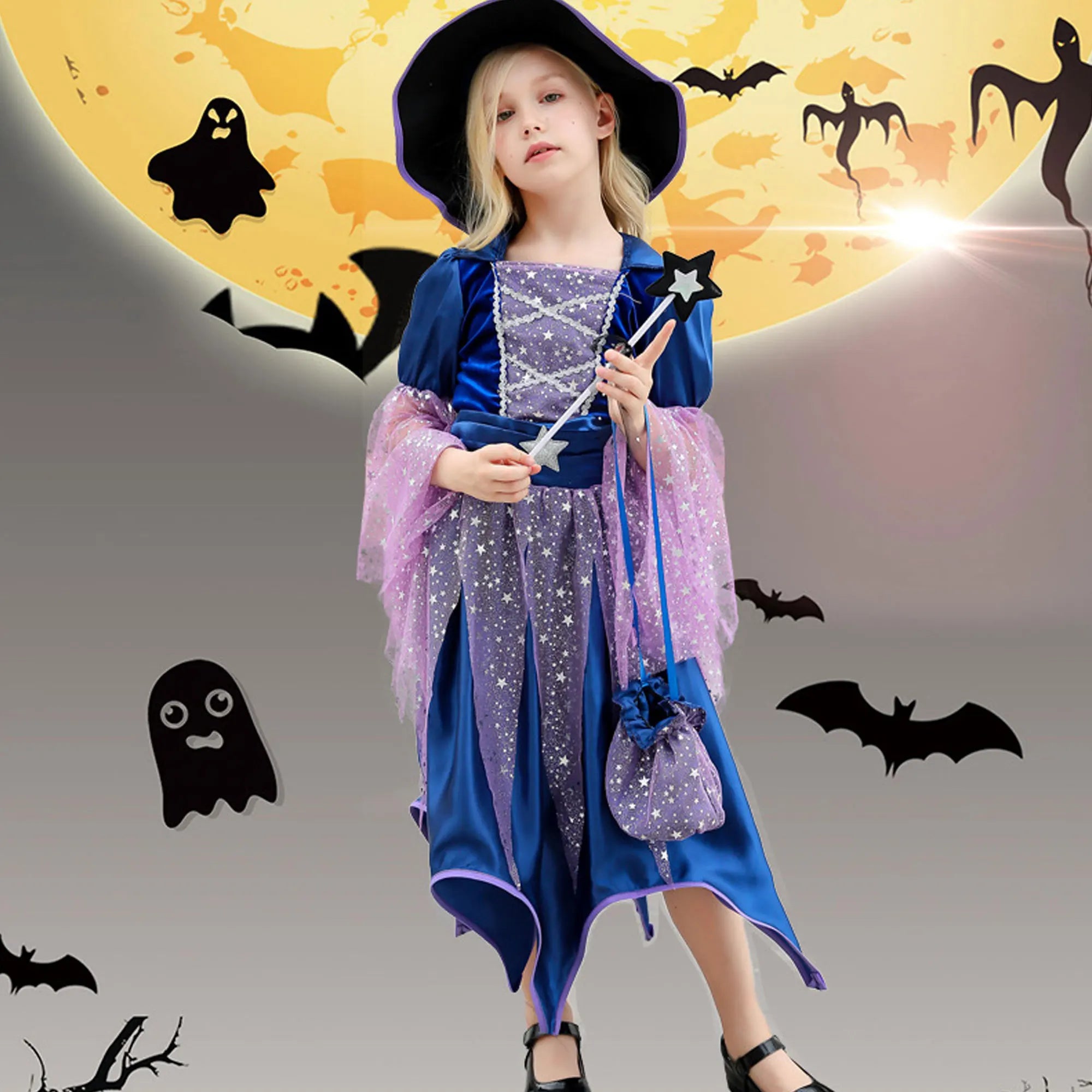 4pcs Halloween costume Witch Dress+Hat+Wand+Bag Girls Wizard Costume Set Witch Princess Carnival Masquerade - product image 2