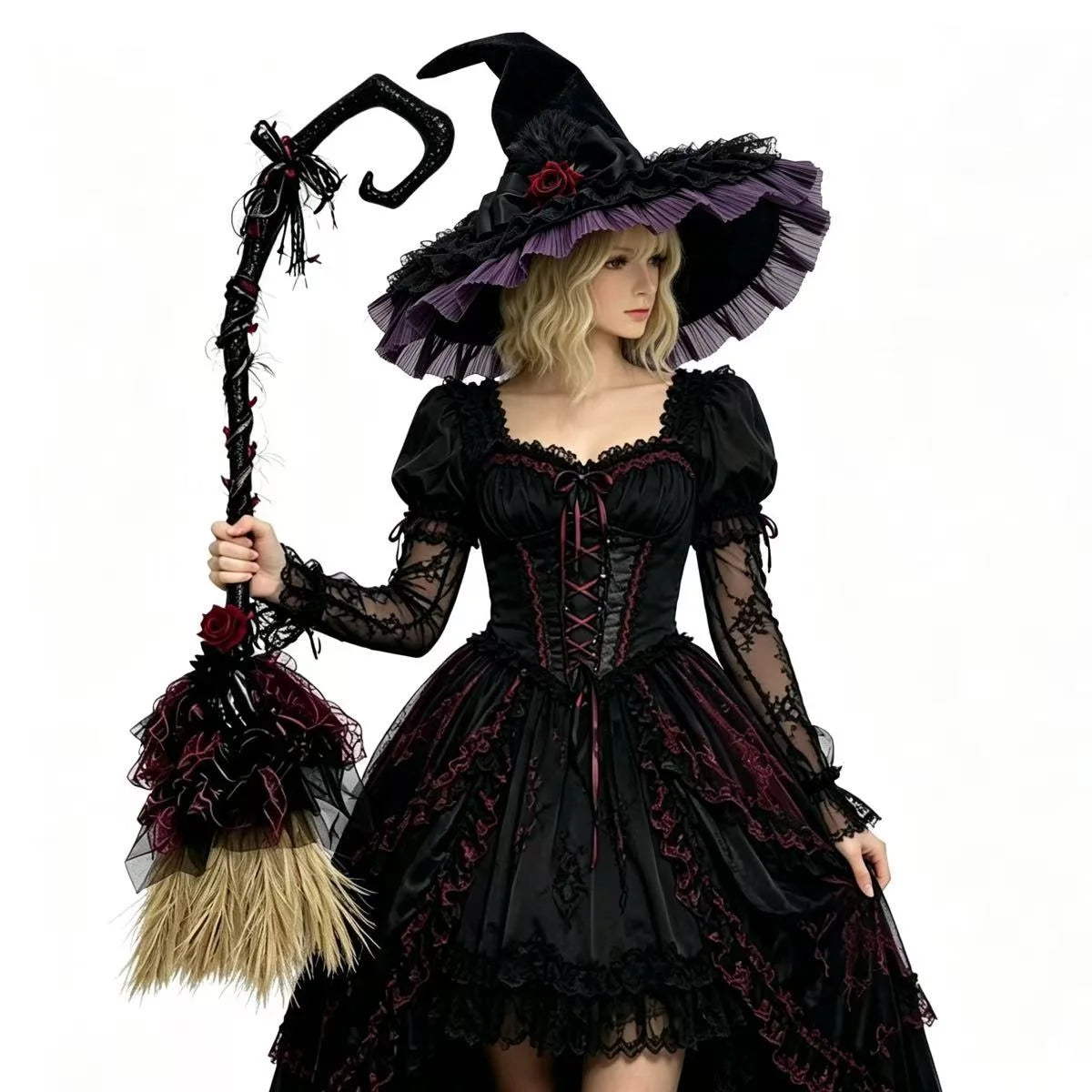 Gothic Halloween Witch Hat and Broom Set Witch Pointed Witch Flying Party - product image 10