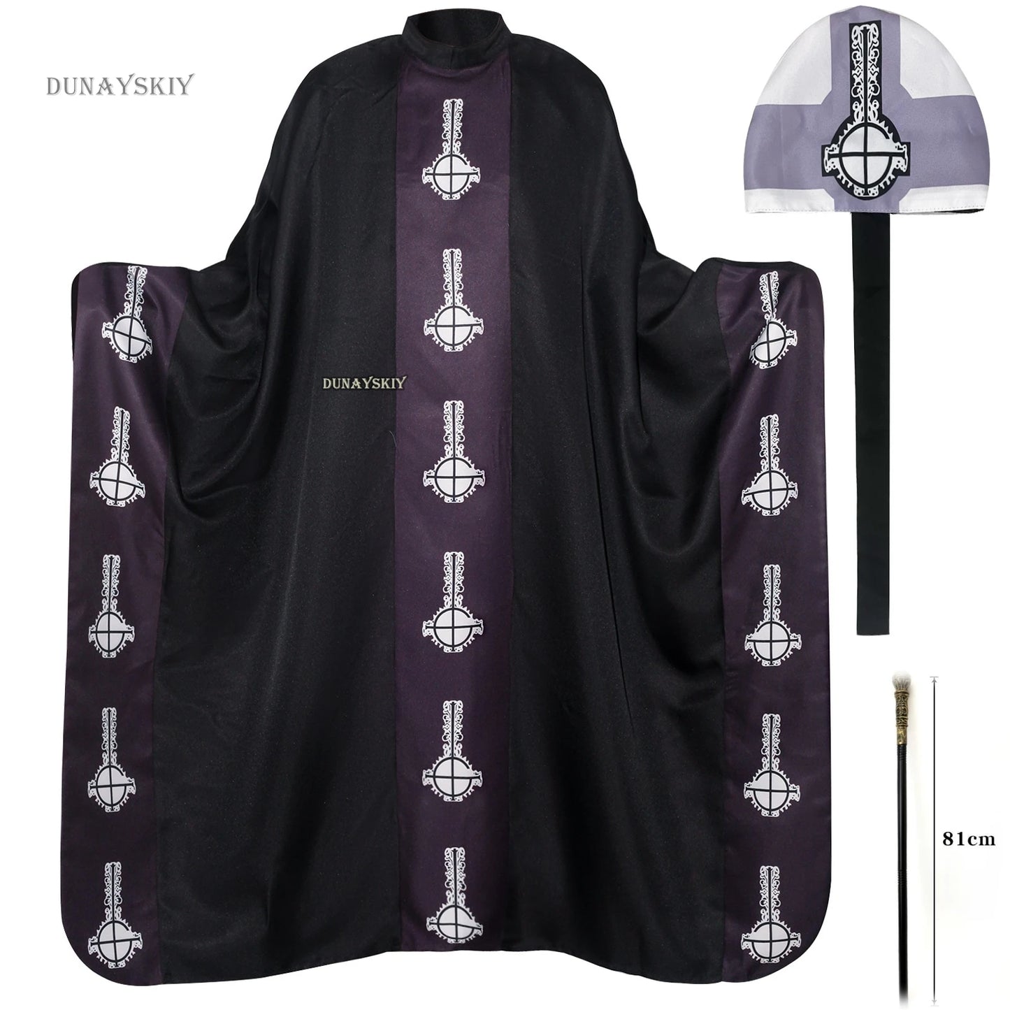 Medieval Papa Cape Emeritus Costume Middle Ages Black Cloak with Hat Full Set for Adult - cane / XXL