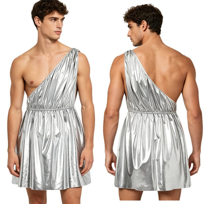 Men's Ancient Greek Roman Halloween Costume Mythology Costume Metallic Shiny Toga One - Silver / L