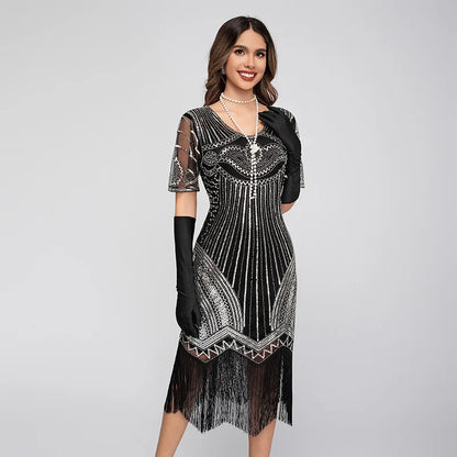 Vintage 1920s Gatsby Flapper Dress Black Gold Peacock Sequins Fringe Sleeveless Art Deco Party Peacock Beaded Sequin Fringe