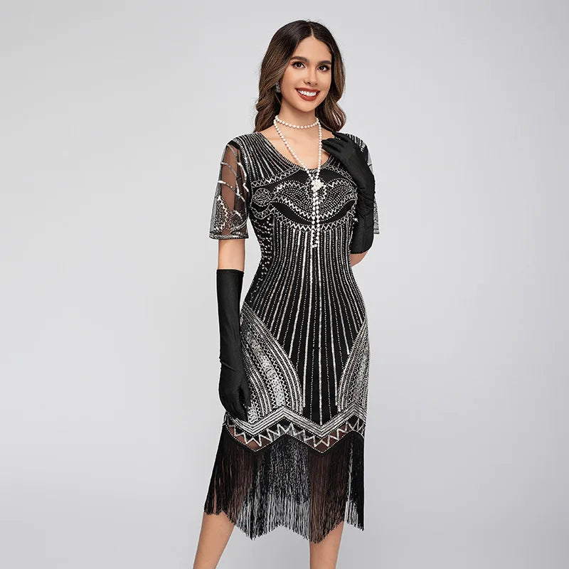 Vintage 1920s Gatsby Flapper Dress Black Gold Peacock Sequins Fringe Sleeveless Art Deco Party Peacock Beaded Sequin Fringe