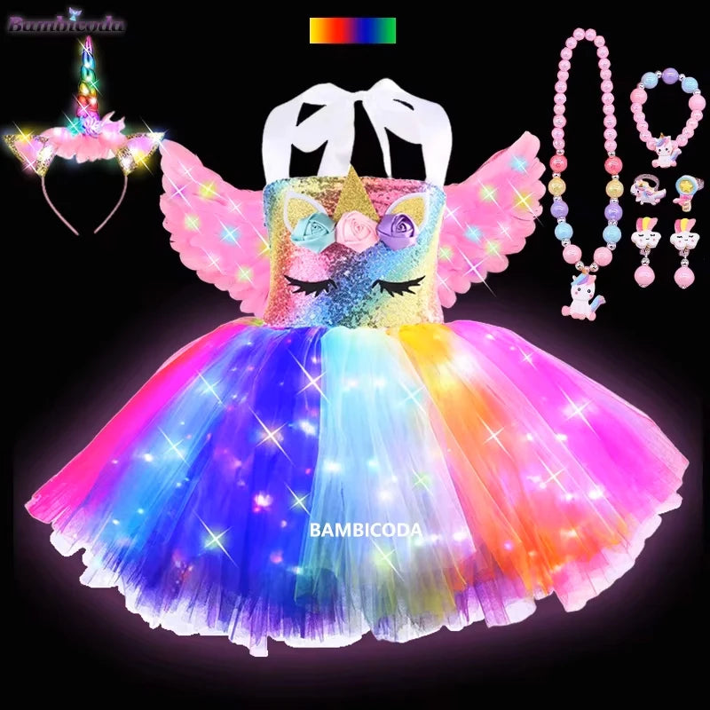 Girls Shiny Unicorn Tutu Led Lighting Dress Glowing Dresses Princess Dress Clothing