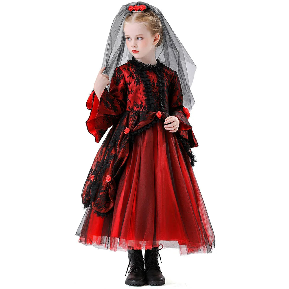 Girls Gothic Ghost Bride Costume – Black & Red Dress with Headpiece