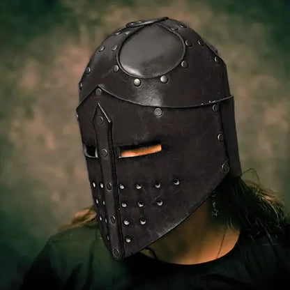 Knight Templar Medieval Crusader Helmet Viking Pirate Warrior Leather Head Armor Mask Hat - Black / One size