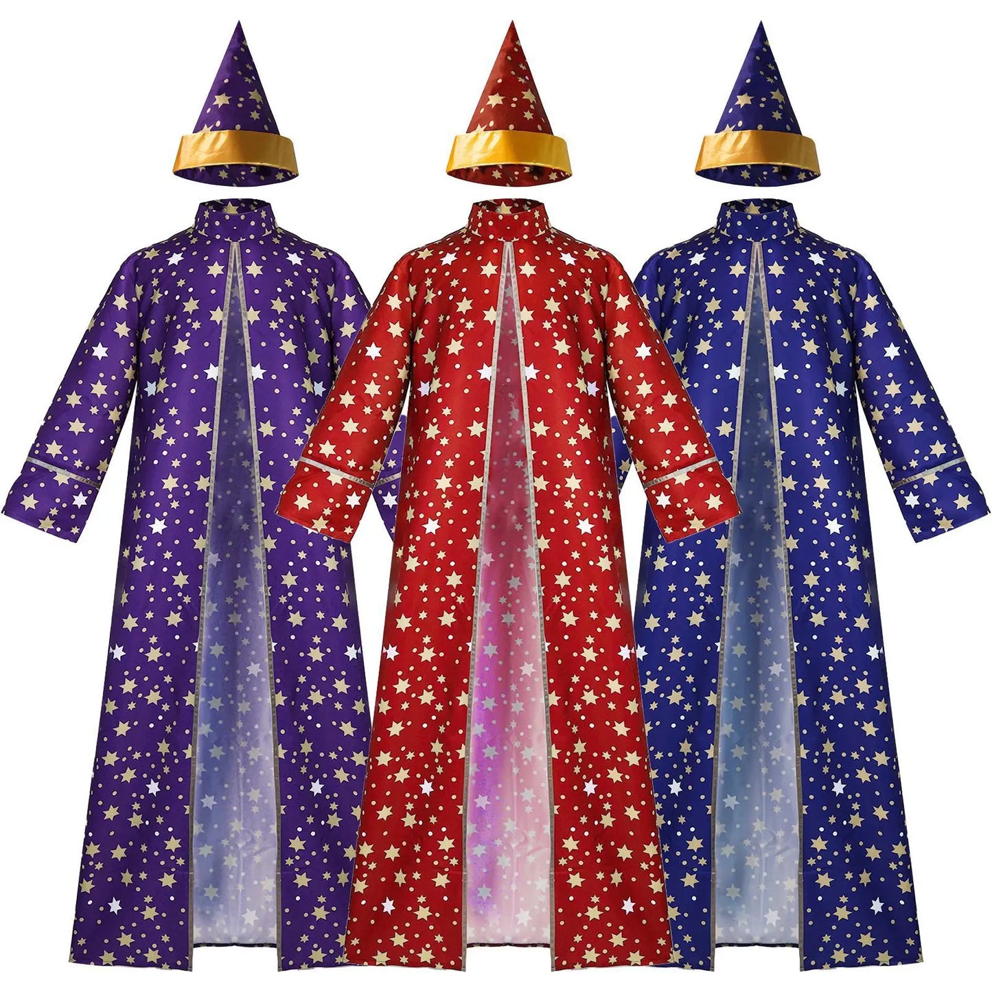 Men Magic Magician Costume Wizard Costume Blue Starry Robe Cloak Hat Medieval Adult - Purple / M