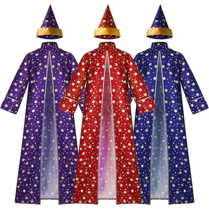 Men Magic Magician Costume Wizard Costume Blue Starry Robe Cloak Hat Medieval Adult - Purple / M