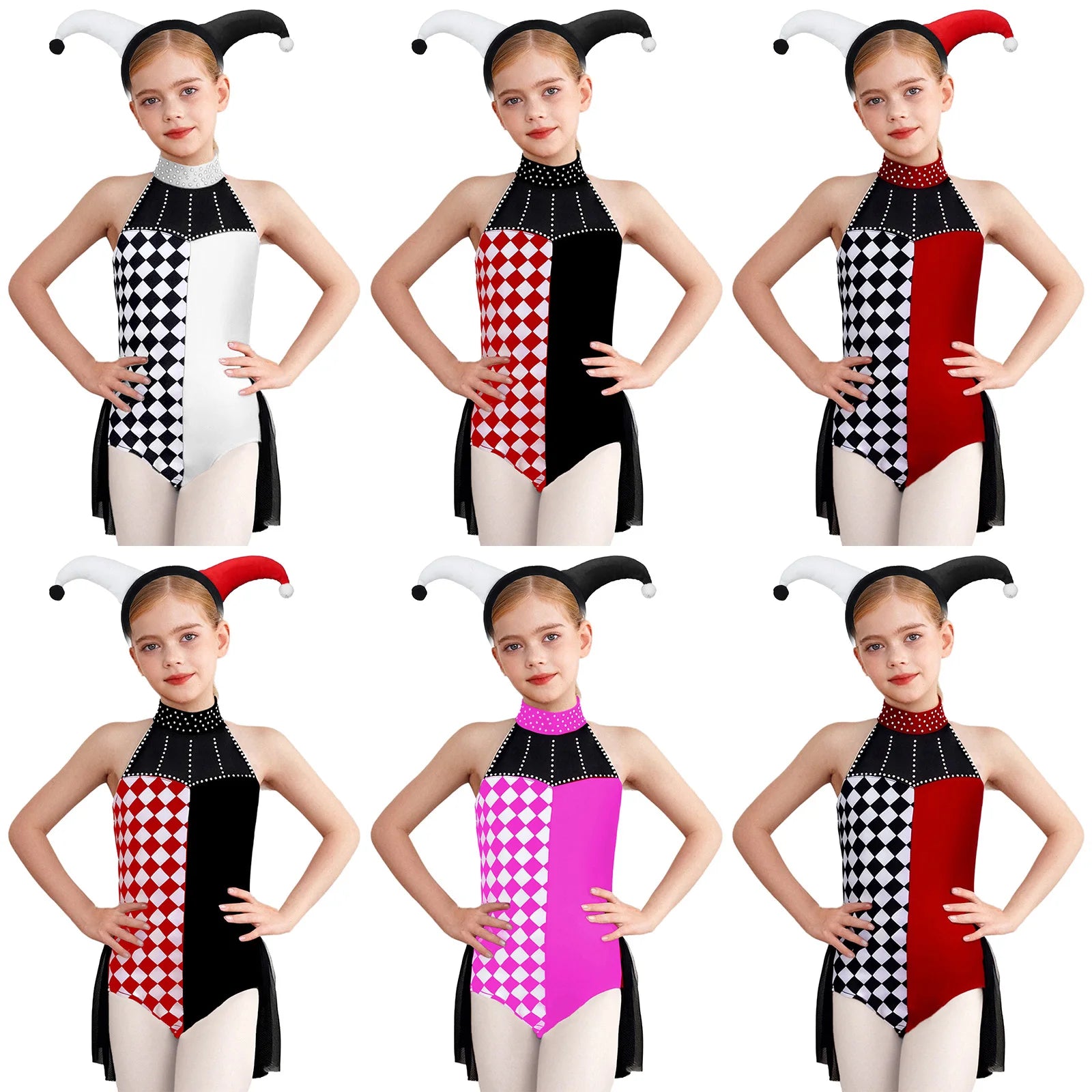 Girls Halloween Circus Clown Costume Performance Costume Sleeveless Rhinestone Mesh Dance - Burgundy Black / 6