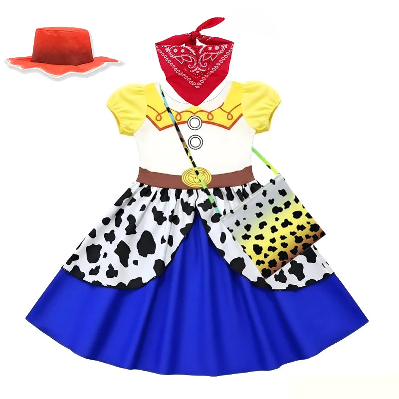 Kids Western Cowgirl Costume Girls Cartoon Print Short Sleeve Dress Costume Birthday