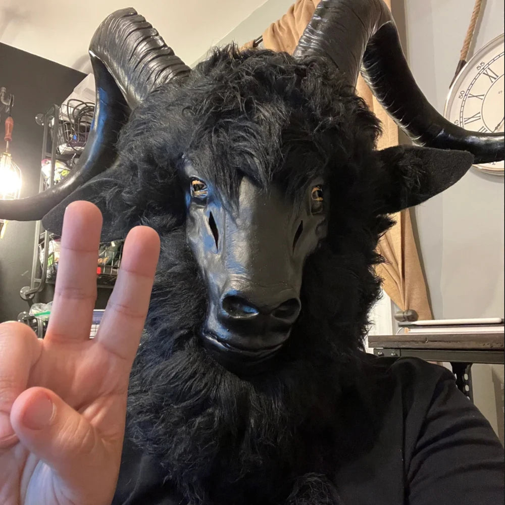 Evil Black Phillip Goat Mask Cosplay Animal Goat With Large Horns Latex HelmetHalloween