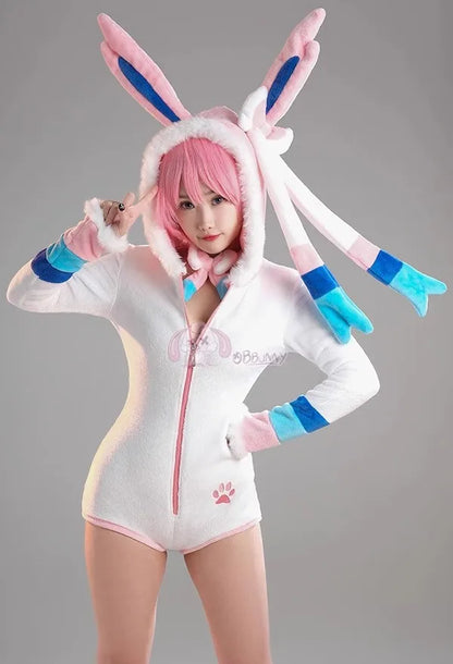 Anime Eevee Cosplay Costume Women Sexy Flannel Hooded Bodysuit Socks Suit Bunny Girl Cute Cartoon Plush Pajamas Jumpsuit Uniform