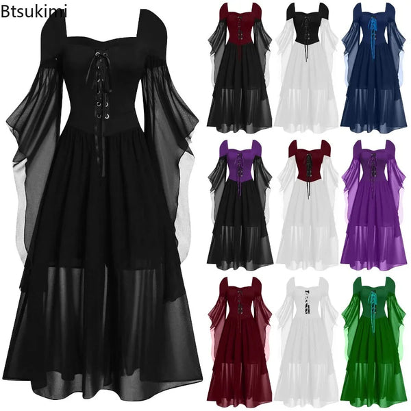 Women's Vintage Gothic Dress Halloween Witch Cosplay Costumes Off Shoulder Lace-Up Medieval Maxi Dress Retro - product image 1