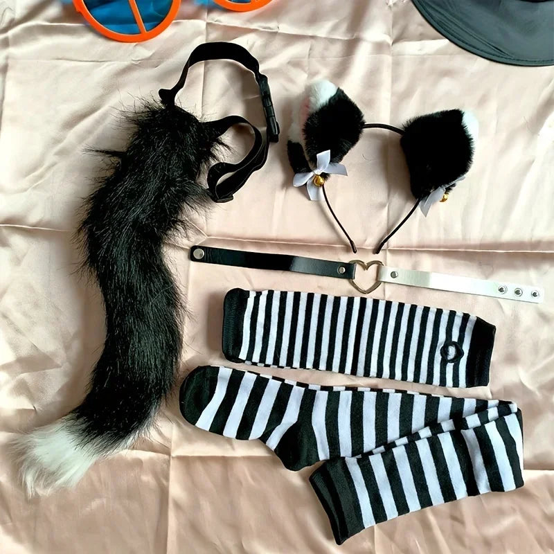 Black and white stripes furry tail socks acting props Gloves - alternate view 2