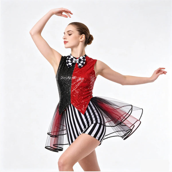 Women's Sequin Striped Mad Circus Clown Jumpsuit Costume Checker Bowtie Tiered Tulle - Blue Purple / XL