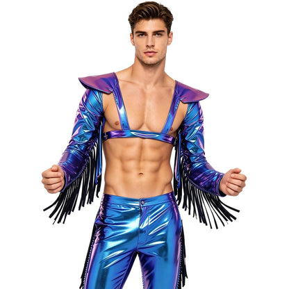 Men's Holographic Glossy Shoulder Armor Tops Fly Sleeve Jacket Tailcoat Costume - alternate view 12