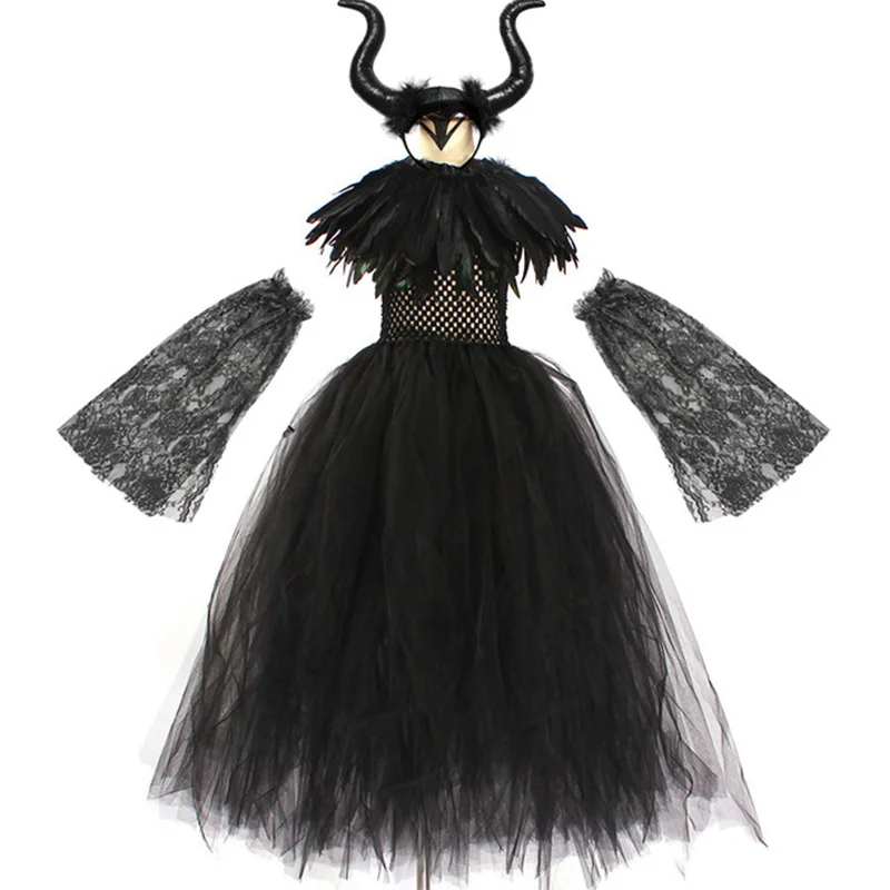Kids' Horned Dark Fairy Queen Horned Dark Fairy Queen Evil Queen Witch Devil Black Tulle Halloween Costume - 1 pcs Set F / 8-9Y