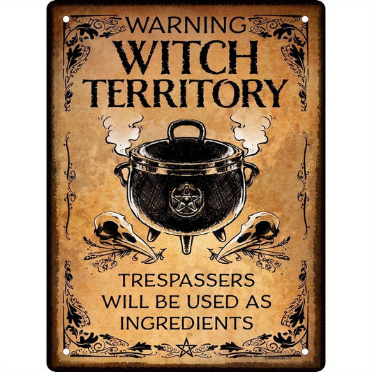 Vintage "warning Witch Territory" Mini Tin Sign - Rustic Iron Wall Decor with Cauldron & Bats Design Halloween Home Accents